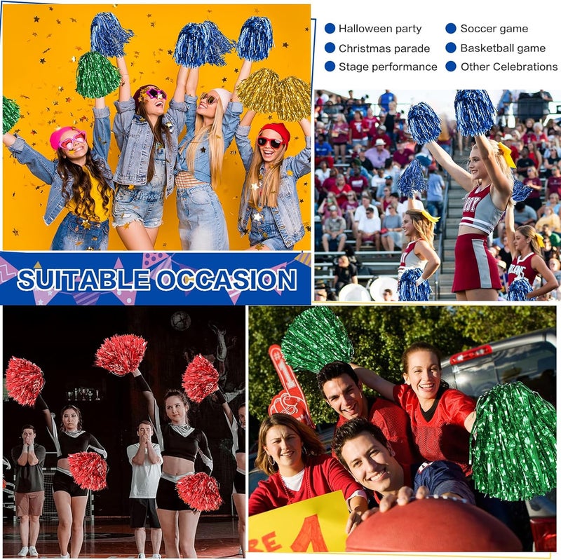 DILIBRA 24 Pcs Metallic Cheerleading Pom Poms for Kids, Cheerleaders Cheer Pom Poms with Baton Handle, Cheering Squad Hand Flower for Adults Team Spirit Sports Game Dancing Party - Image 4